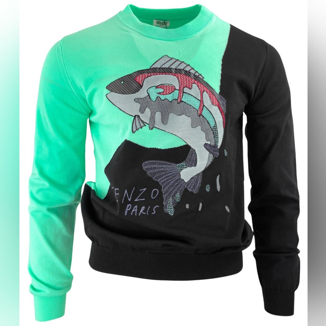 Nwt Sz L Men's Kenzo Rubber Fish Sweatshirt In Green And Black